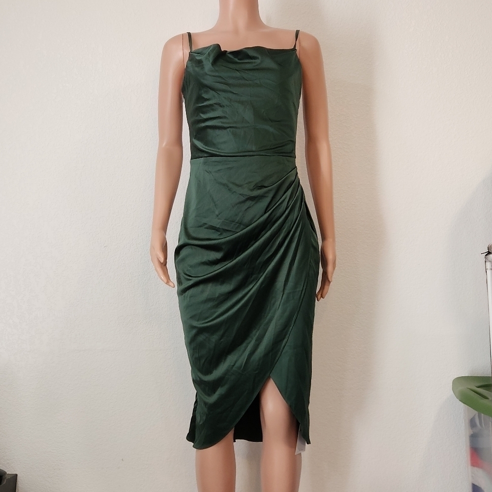 PARTHEA Draped Collar Wrap Ruched Satin Cami Dress